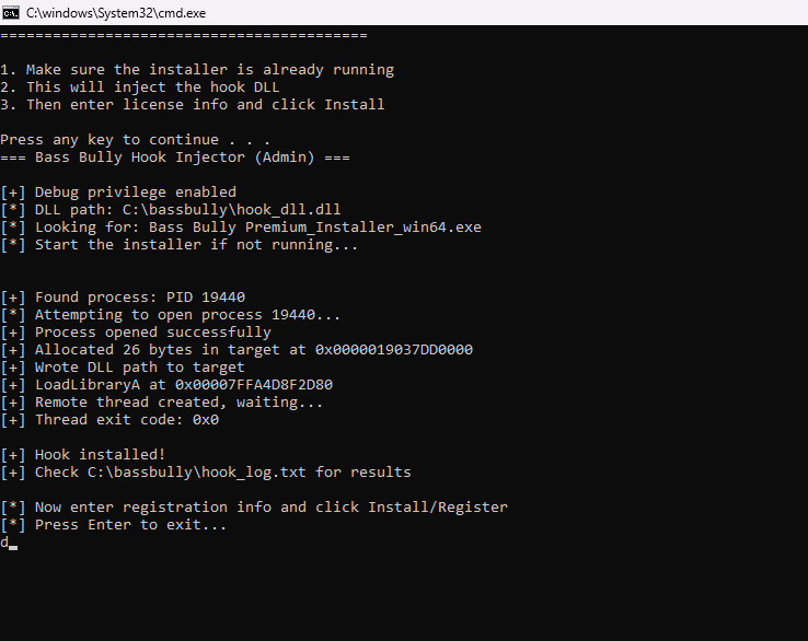 Screenshot showing hook approach result